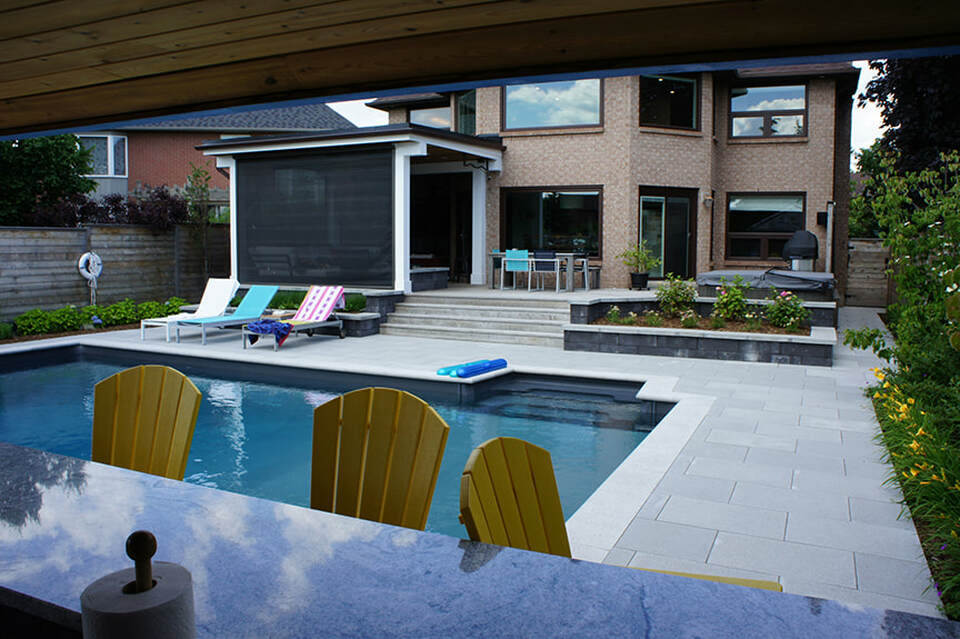 Backyard with pool, lounge chairs and bar